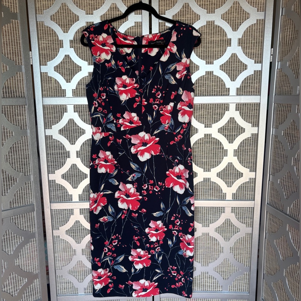 Ivanka Trump Navy and Pink Floral Midi Dress